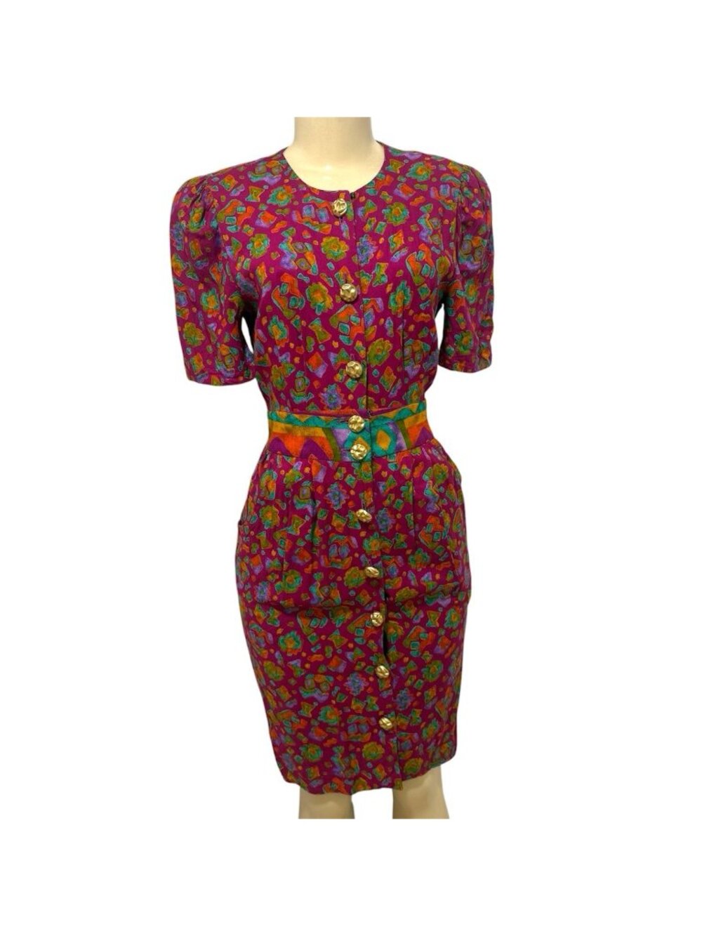 Abstract Geometric Button Front Dress Size 3/4 Vintage 80s Positive Attitude